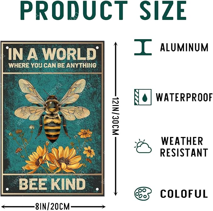 Floral and Bee Metal Signs In A World Where You Can Be Anything Funny Vintage Tin Sign Retro Wall Decor for Bee Lovers Room 8×12 Inches - Image 2
