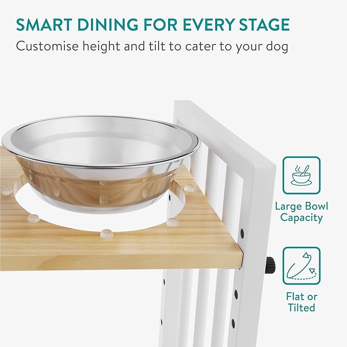 Navaris Double Elevated Cat Bowls - Raised Cat Bowl Set with Bamboo Stand for Indoor Cats and Small Dogs - Stainless Steel Pet Food and Water Dishes (Style 2)