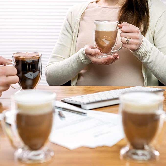 Double Wall Glass Coffee Mugs 11oz Set of 4, Insulated Borosilicate Glass Coffee Cups with Handle - Dishwasher & Microwave Safe Clear Mugs for Cappuccino, Latte, Espresso, Tea