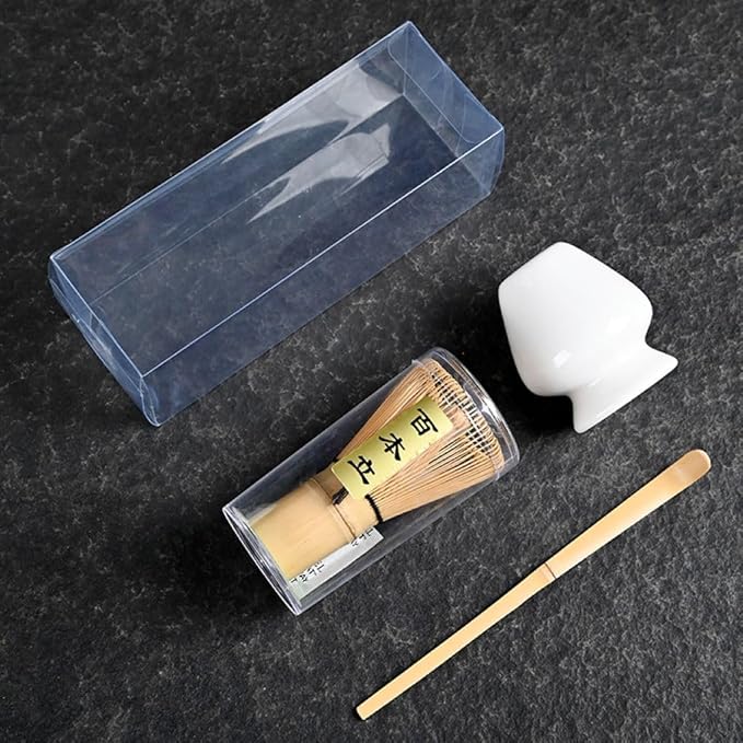 Japanese Matcha Tea Set, Bamboo Whisk (Chasen) + Matcha Scoop (Chashaku)+Ceramic Whisk Holder,fit for Japanese Tea Matcha Tea,Matcha Latte Accessories (J)