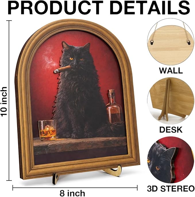 3D Funny Black Cat Smoking Wall Art Sign for Man Cave Decor, Whiskey Bar Cat Portrait Decor, 8x10 Inch