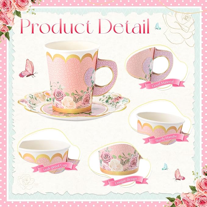 Domensi 60 Pieces Tea Party Decorations Include 30 Pcs 9 oz Paper Cups with Handle and 30 Pcs Tea Party Paper Plates Disposable Blossom Teacups and Saucers for wedding Favors(Elegant)