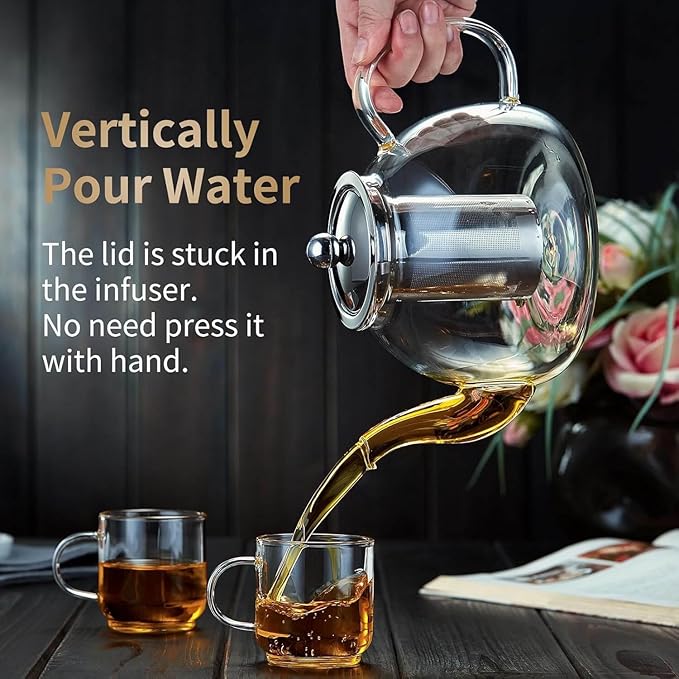 Glass Teapot with Infuser 60OZ (1800ml) Stovetop Safe, Clear Glass Tea Pot Kettle, Borosilicate Tea Pot with Infusers Filter for Loose Tea, Tea Kettle Dishwasher Safe
