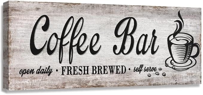 Rustic Wood Grain Coffee Station Decor - Retro Coffee Bar Signs for Kitchen - Self Serve Fresh Brewed Open Daily