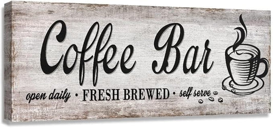 Rustic Wood Grain Coffee Station Decor - Retro Coffee Bar Signs for Kitchen - Self Serve Fresh Brewed Open Daily