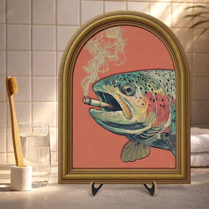 3D Funny Vintage Trout Wall Art Sign, Retro Whimsical Trout Fish Animal Decor Sign for Home Bar Man Cave Desk Wall Shelf Decor 8x10 Inch