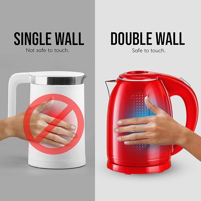 OVENTE 1.7L Double Wall Electric Tea Kettle, 1100W Water Boiler and Heater with Cool-Touch Exterior, Stainless Steel Insulated Interior, Auto Shut-Off, Boil-Dry Protection & Locking Lid, Red KD64R