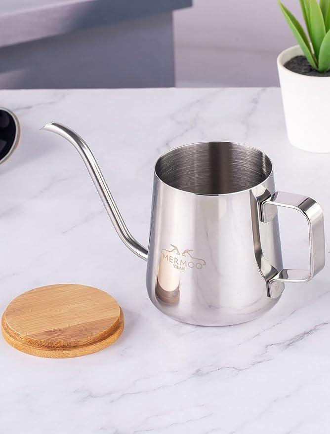 MERMOO YILAN Gooseneck Kettle with Lid Small Pour Over Coffee Kettle 350ml Stainless Steel Goose Neck Kettle Long Spout Tea Pot Travel Pour Over Coffee Maker Mini Camping Drip Coffee Pot