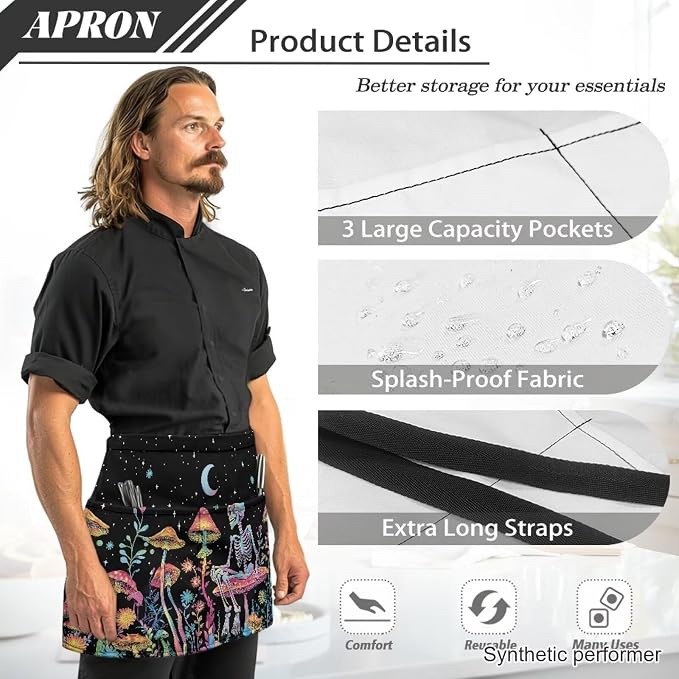 Server Apron with 3 Pockets 13 Inch Short Half Waist Aprons Waterproof Cooking Aprons for Women Men - Image 6