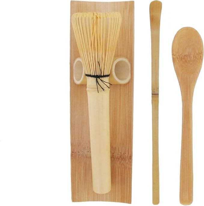 BambooMN Matcha Whisk Set - Skinny Golden Chasen (Tea Whisk), Tray, Chashaku (Hooked Bamboo Scoop), Tea Spoon - 2 Sets
