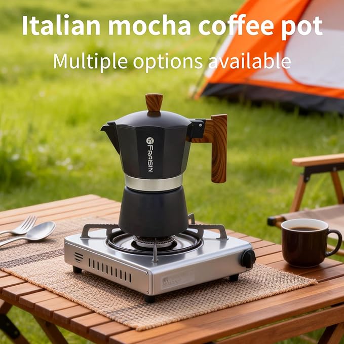 Stovetop Espresso Moka Pot Coffee Maker, Non-slip Wood Grain Handle, Cast Aluminum, Compatible with Gas, and Electric Stoves (Black, 9 cups)
