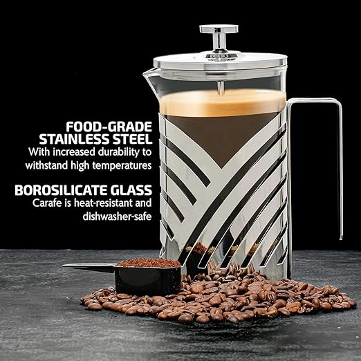 OVENTE French Press Coffee Maker 34 Ounce with Heat Resistant Borosilicate Glass, Stainless Steel Design and 4-Level Filter System, Portable Cold Brewer Pot for Travel, Camping or Gift, Silver FSD34P