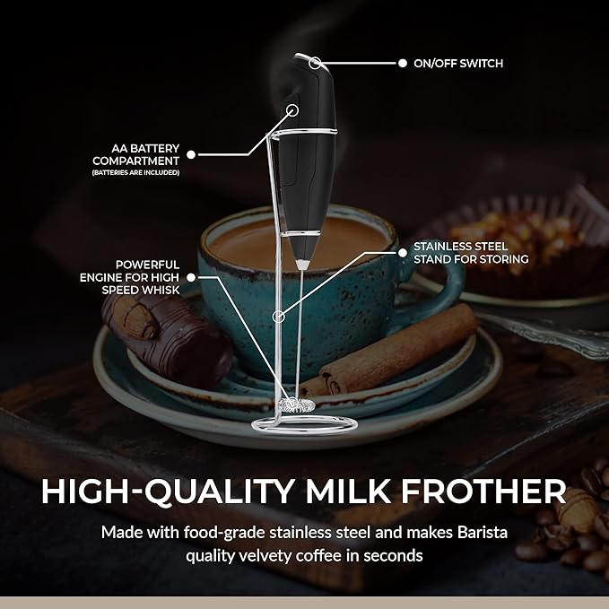 Chefwave | Powerful electric milk frother with stand | Milk frother handheld drink mixer and matcha whisk| BATTERIES INCLUDED! drink mixer handheld | Hand frother, electric stirrer coffee mixer wand