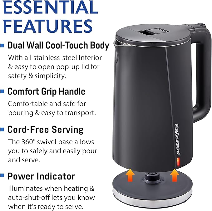 Elite Gourmet 1.7L Cool-Touch 1500W Fast Boil Electric Kettle, Fully Stainless Steel Lid & Interior BPA Free, Double Wall, Auto Shut-Off, Black