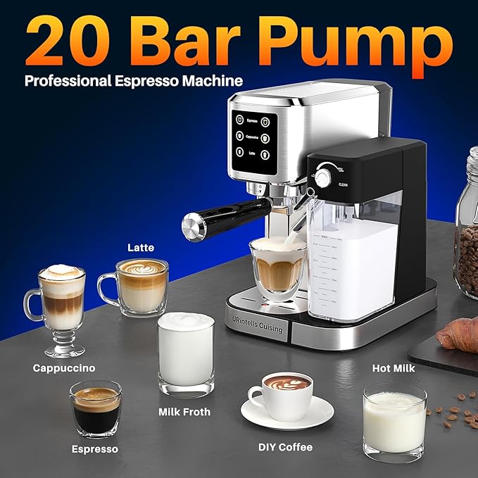 Espresso Machine 20 Bar Touchscreen Espresso Maker with Automatic Milk Frother for Cappuccino Latte,Stainless Steel Coffee Machine with Independent Frothing and Dual Heating System,Easy to Clean