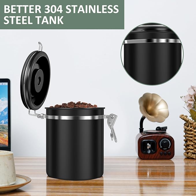 4PCS Coffee Storage Canister 1.5L 51OZ Double Airtight Coffee Beans Container with Date Locator 304 Stainless Steel Kitchen Food Storage Container with Spoon for Tea Sugar