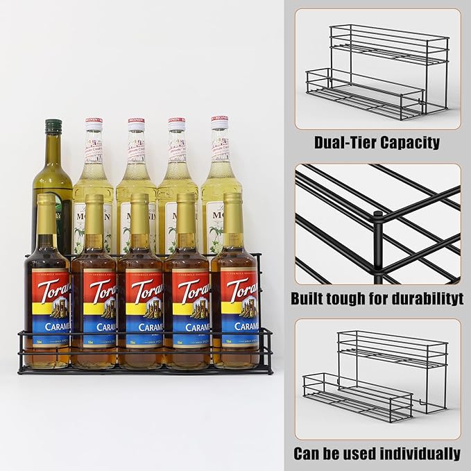 Coffee Syrup Rack for 4 Bottles (750ml), Tiered Coffee Syrup Organizer & Holder, Heavy-Duty Metal Syrup Rack, (10 bottles of black)