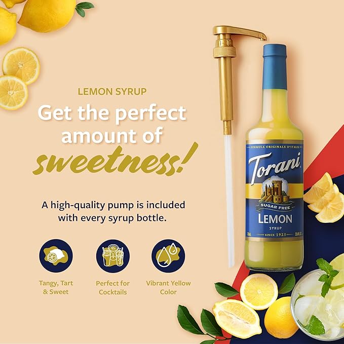 Torani Sugar Free Syrup, Lemon Flavoring for Drinks, Zero Calorie, Glass Bottle with Pump Included, 25.4 Fl Oz
