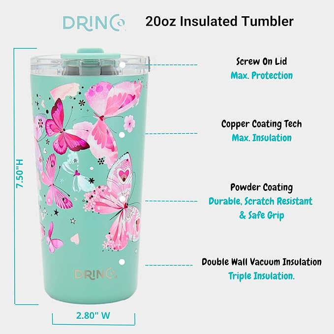 Drinco - 20 oz Stainless Steel Tumbler | Double Walled Vacuum Insulated Mug With Lid, 2 Straws, For Hot & Cold Drinks (20oz Butterfly)