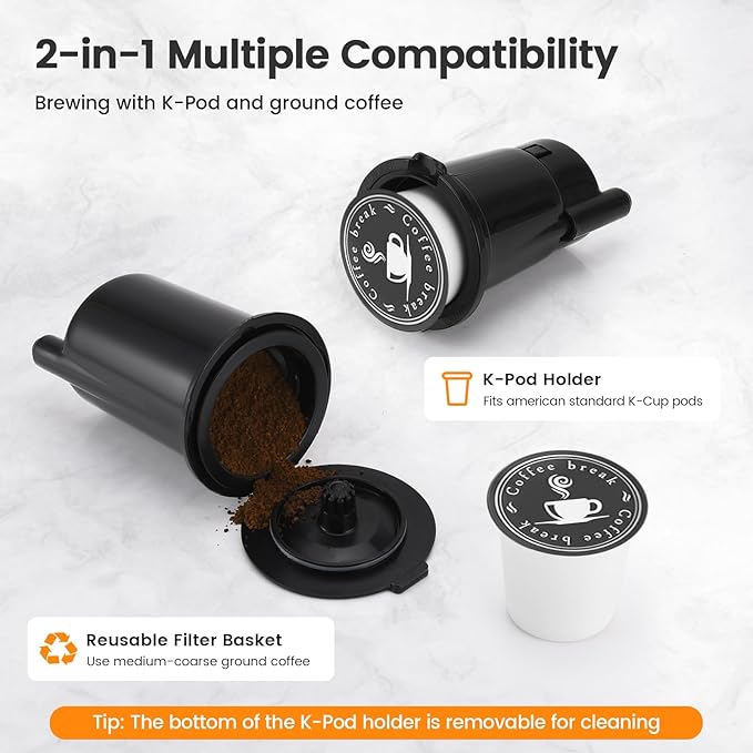 Single Serve Coffee Maker for K-Cup Pod & Grounds, Hot and Iced Coffee Maker, 6 to 14oz Brew Sizes, 50oz Removable Reservoir, Strong Button Feature, Fit 6.5" Mugs, Stainless Steel, Black