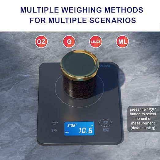 MEGAWISE High Precision 0.1g Coffee/Food Scale with Timer, Dual Power Supply, Waterproof Tempered Glass, 5 Weighing Modes, Professional Coffee Brewing Timer Kitchen