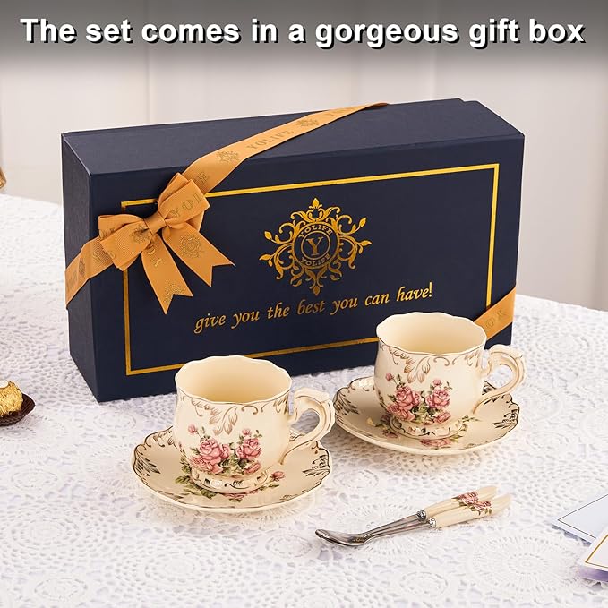 YOLIFE Tea Cups and Saucers Set of 2, Vintage Ceramic Tea Cups Set Floral and Gold Leaves Trim Design - 8 oz (Pink Rose with Gift Box(no stand))