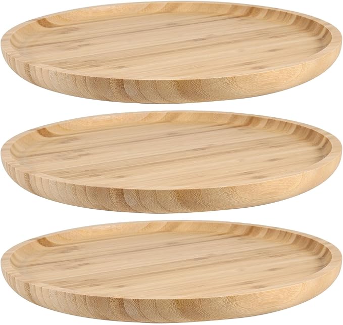 3 PCS 12 Inch Round Bamboo Tray, Bamboo Serving Platter Round Wood Plate, Unfinished Wood Tray for Pizza, Cheese, Fruit, Breakfast
