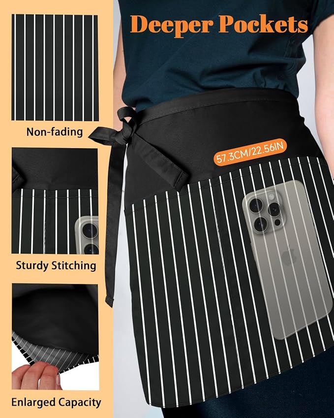 Slohif Reversible Server Apron 6 Pockets - Waist Apron for Waitress Women Half Serving Short Apron for Waiter - Image 5
