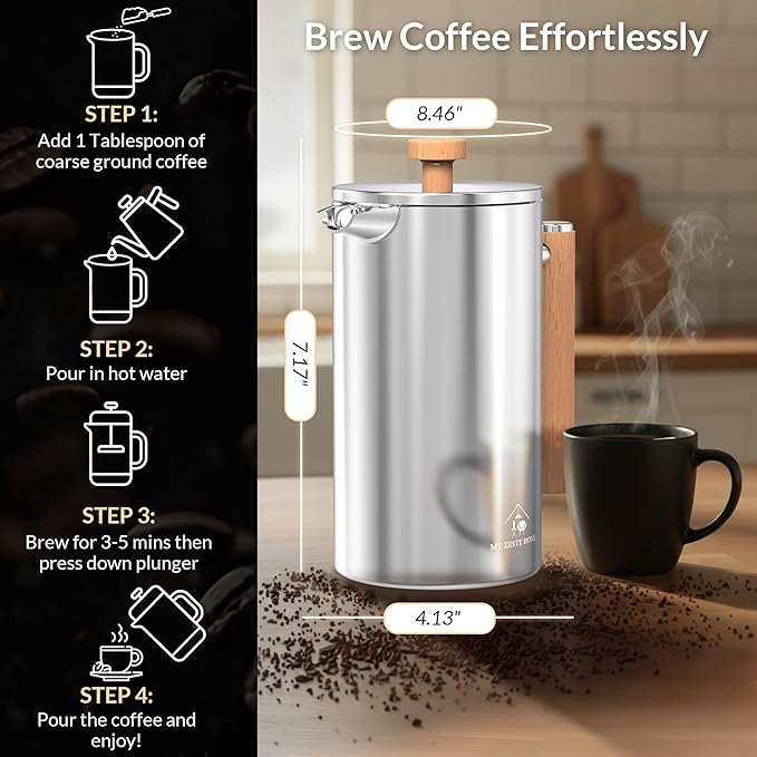 French Press Coffee Maker 304 Stainless Steel 34 Oz Large Double-Walled Insulated French Press Wood Handle 3 Level Filtration System For Kitchen, Camping & Gifting in Premium Box No Plastic