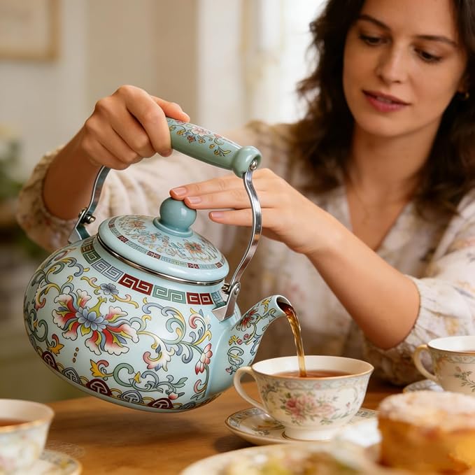 2.6 Quart Floral Enamel Tea Kettle, Vintage Enameled Teapot Stovetop, Enamel on Steel Water Coffee Tea Pot with Ceramic Handle, Colorful Hot Water Kettle for Home Kitchen Decor, No Whistling