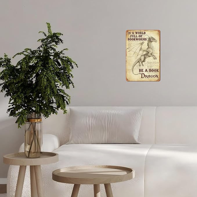 Retro Dragon Tin Sign In a World Full of Bookworms be a Book Dragon Vintage Metal Poster Funny Bath Wall Art Toilet Man Cave Bar Cafe Indoor Room Garage 12 * 8inch - Image 6
