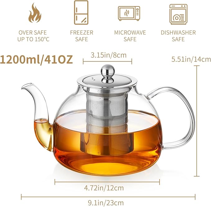 41OZ (1200ML) Glass Teapot with Infuser Stovetop Safe, Clear Glass Tea Pot Kettle, Borosilicate Tea Pot with Infusers Filter for Loose Tea, Tea Kettle Dishwasher Safe