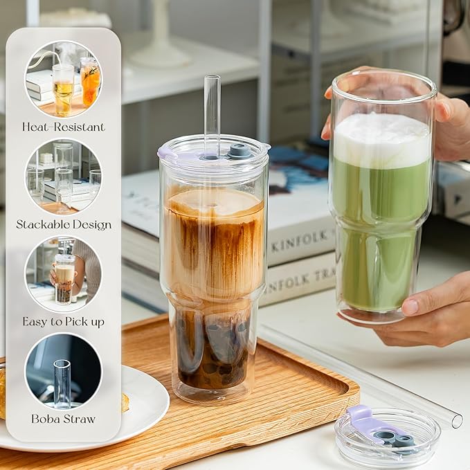 KEMORELA 28 oz Double Wall Glass Tumblers Set of 2, Extra-Wide 13mm Reusable Glass Drinking Straws, Boba Tumbler, Wide-Mouth Water Cups for Iced Coffee, Smoothies, Boba & Tea Lovers (Clear)