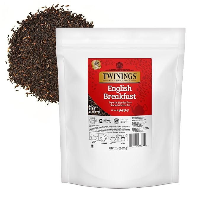 Twinings English Breakfast Loose Leaf Tea, 17.6 Ounces (500g) Resealable Pouch (Pack of 1), Smooth, Flavourful, Robust Black Tea Leaves, Caffeinated, Enjoy Hot or Iced