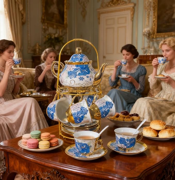 CHANJOON Gold Plated Red Rose Ceramic Tea Set, Vintage Tea Sets with Teapot, Beautiful Tea Set Coffee Serving 6 People (Blue Rose, large)