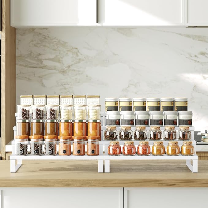 YATINEY Spice Rack, Wooden Display Riser Stand, Set of 2, Perfume Organizer, Vanity Display Stand, Tiered Countertop Organizers, Space Saving, for Kitchen Spices, Syrup, Coffee Mugs, White SR04L2WW - Image 2