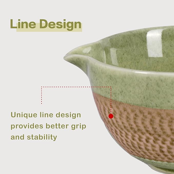 Matcha Bowl with Spout, 500 ml/18 oz Ceramic Matcha Mixing Bowl, Japanese Ceremonial Matcha Chawan for Matcha Powder/Salad/Fruit/Soup/Tea - Matcha Green