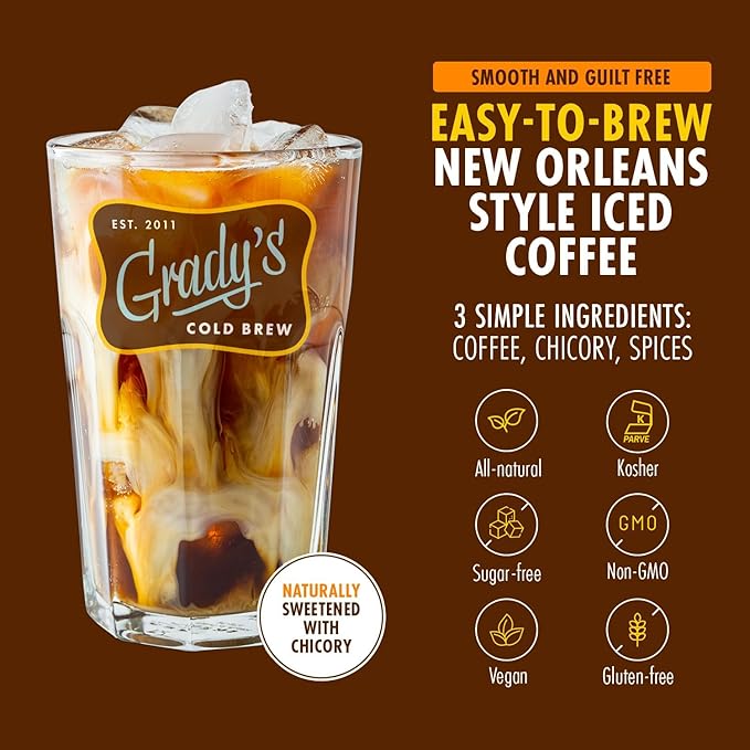 GRADY'S COLD BREW, New Orleans Style, 100% Arabica Medium Dark Roast Coffee & Chicory, Ground for Hot Coffee and Cold Brew, One pound bag