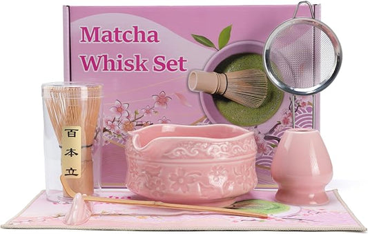 Matcha Whisk Set,7 Pcs Matcha Kit Set with Bowl & Holder, Bamboo Whisk (Chasen), Scoop, Spoon and Sifter and Tea Towel,Matcha Kit Covers Everything Needed for Making Matcha (Pink)