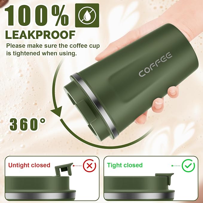 MOMSIV 12oz Travel Mug, Insulated Coffee Cup with Leakproof Lid, Vacuum Stainless Steel Double Walled Reusable Tumbler for Hot and Cold Water Coffee and Tea In Travel and Car Armygreen