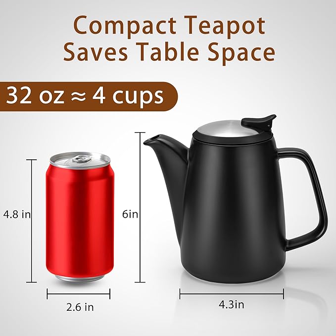 Ceramic Teapot with Infuser, 32 oz Loose Leaf Tea Pot Ceramic with Removable Stainless Steel Infuser, Mess-Free Loose Tea Diffusers, Ideal for Tea Steeper (Black)