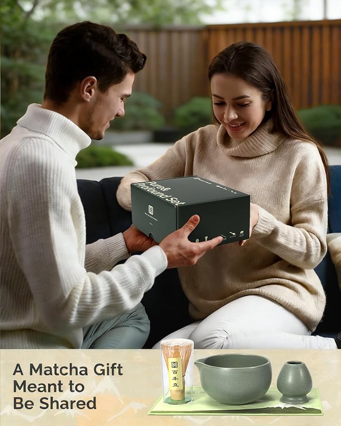 Maestri House Matcha Whisk Set, 7-Pc Complete Matcha Kit with Spouted Ceramic Bowl, Bamboo Whisk and Holder, Scoop, Spoon Rest & Sifter, Tea Cloth – Ideal Gift for Matcha Lovers (Moss-Green)