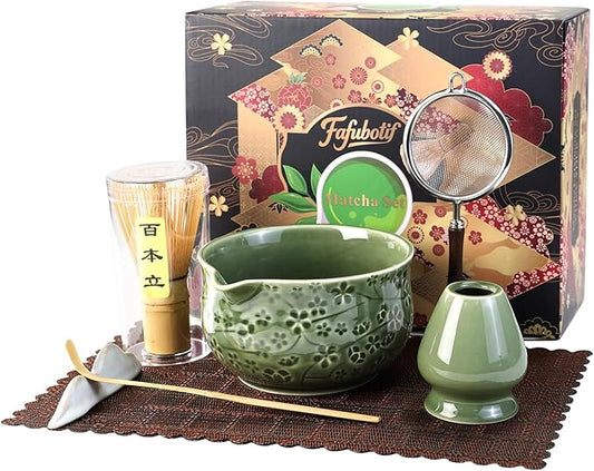 7 Pcs Matcha Whisk Set, Ceremony Matcha Kit with Matcha Bowl, Bamboo Whisk and Holder, Scoop and Scoop Rest, Sifter and Tea Towel, Gift for Matcha Lovers (Green/Cherry Blossom-Patterned)
