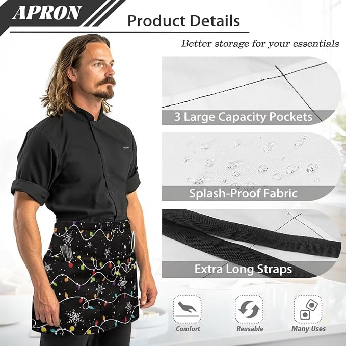 Waist Apron with 3 Pockets Waterproof 13 Inch Short Half Waist Aprons Women Men Server Aprons Waitress Waiter Apron - Image 6