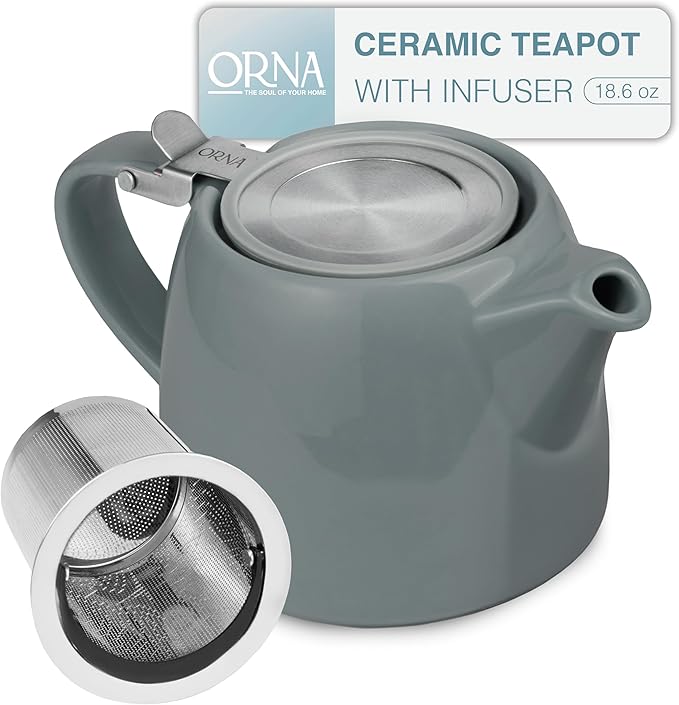 ORNA Ceramic Teapot with Tea Infuser – Small Tea Pot for Loose Leaf Tea – 550ml / 18.6 Oz Porcelain Non-Stove Teapot for 2 Cups with Tea Strainer (Grey)