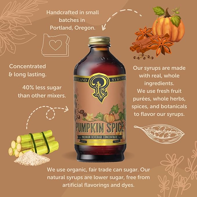 Portland Syrups Pumpkin Spice Syrup - Organic Pumpkin & Ginger Coffee Syrup for Lattes, Mocktails, & Baking - Rich Flavor, Organic Cane Sugar, Natural Ingredients,12 oz Bottle, 24 Servings (Pack of 1)
