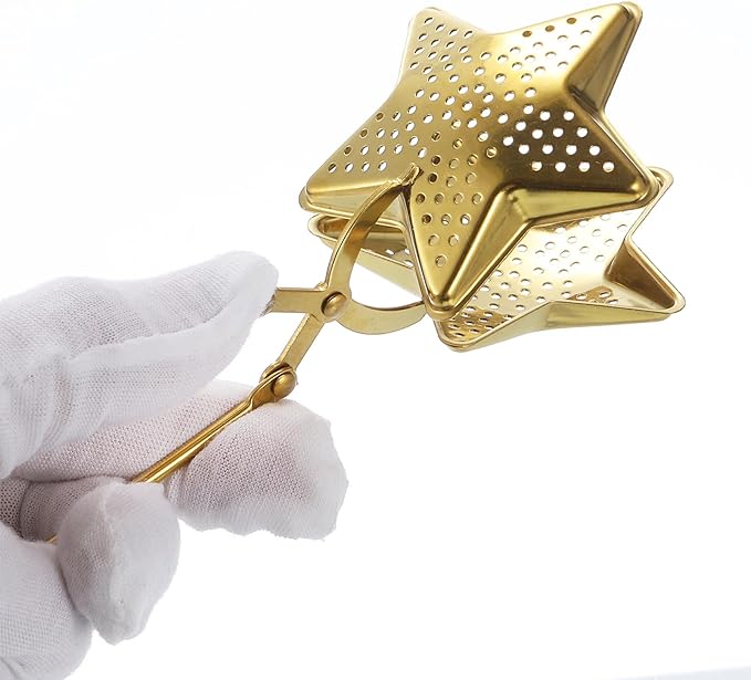 uxcell Star Snap Tea Ball Infuser with Handle, Loose Tea Steeper, Stainless Steel Tea Strainer for Brew Loose Leaf Tea, Gold