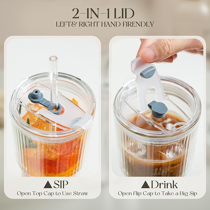 KEMORELA 2PCS 20oz Double Wall Ribbed Glass Cups with Lids and Straws, Insulated Borosilicate Glass Tumblers, Heat-Resistant, leak-proof Design for Iced Coffee, Bubble Tea, Juice, Dishwasher Safe