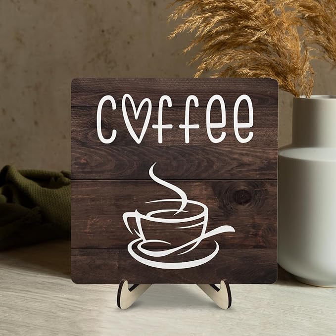 Coffee Bar Sign Plaque Decor,Coffee Bar Accessories,Rustic Wooden Tabletop Plaque with Stand, Minimalist Farmhouse Kitchen Counter Sign,Cute Mini Café Bar Decor Gift (Brown2, 5.9x5.9inches)