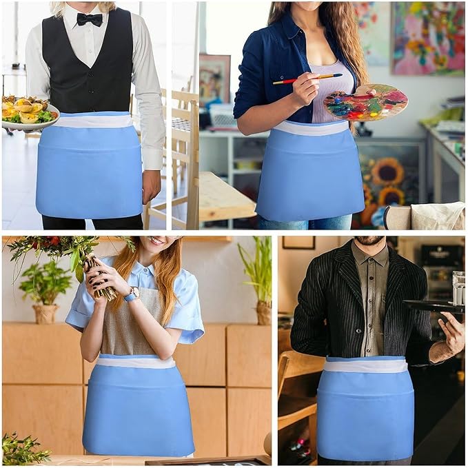 Server Aprons - Waterproof Quick Drying Half Waist Aprons for Women with 3 Pockets, Light-Blue Print Cooking Apron for Bartender Work Hairstylist Baking Barista Nail 11.8 Inch - Image 7